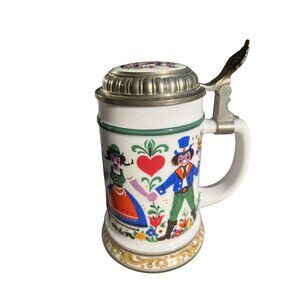 Vintage German BMF W. Germany Loving Couple Beer Stein With Pewter Lid Folk Art
